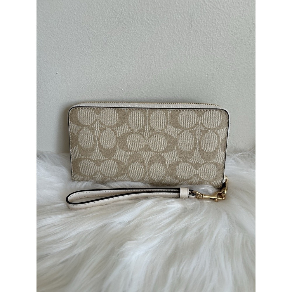 Coach Signature Long Zip Around Wallet Light Khaki Chalk Canvas Leather NEW - Picture 2 of 6